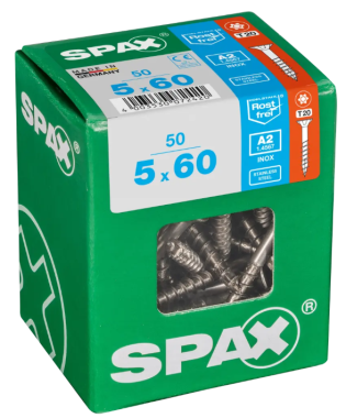 SPAX Edelstahlschraube, 5 x 60 mm, 50 Stück, Teilgewinde, Senkkopf, T-STAR plus T20, 4CUT, Edelstahl rostfrei A2, 4197000500607